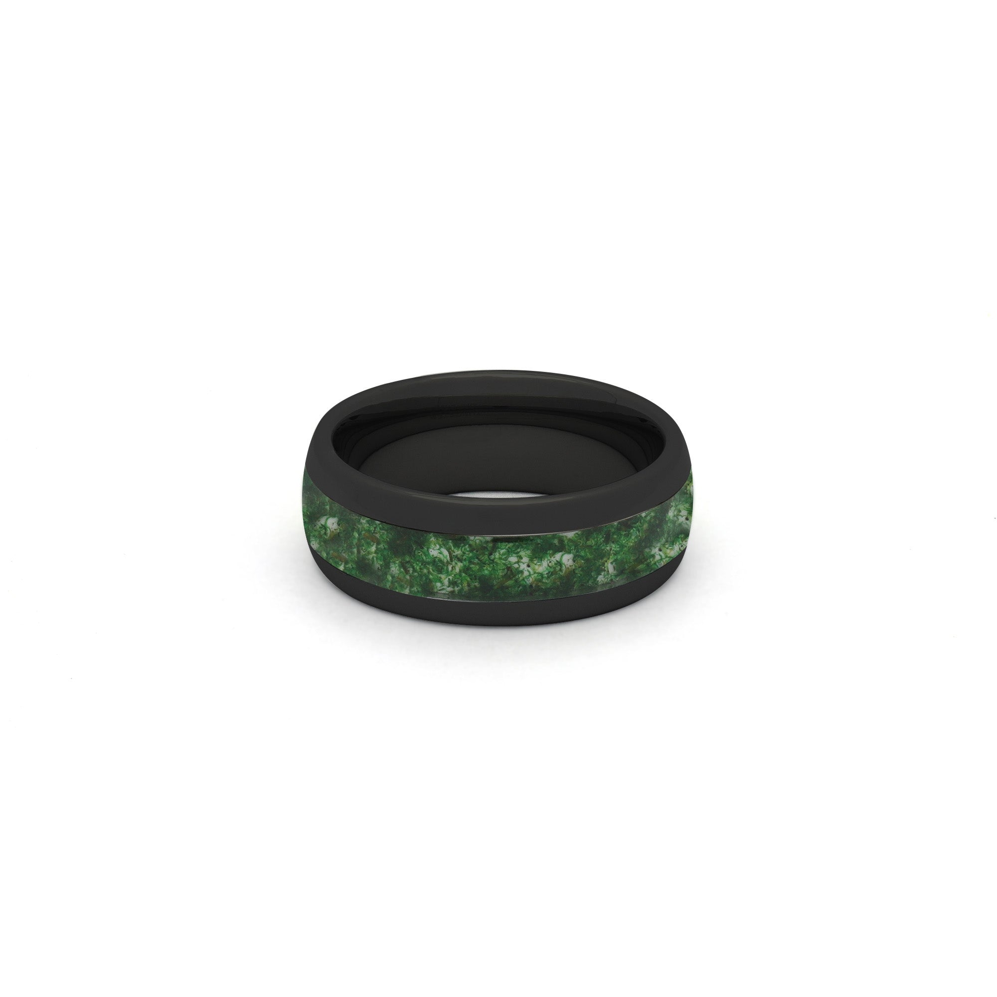 Black wedding band, 8mm wide, with distinctive moss agate inlay, set on a white background.