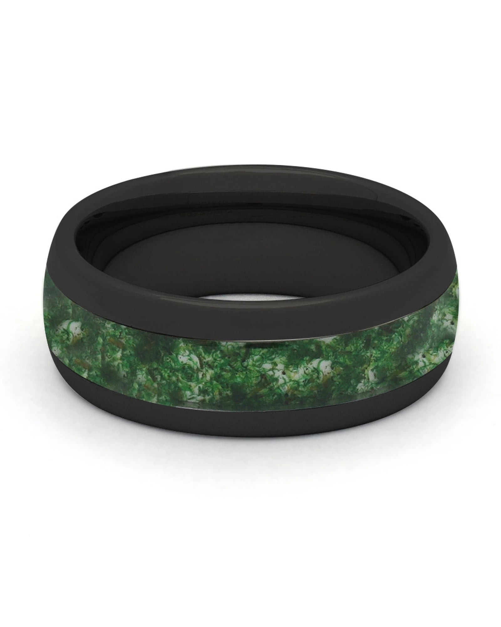 Front view of black 8mm moss agate tungsten wedding band