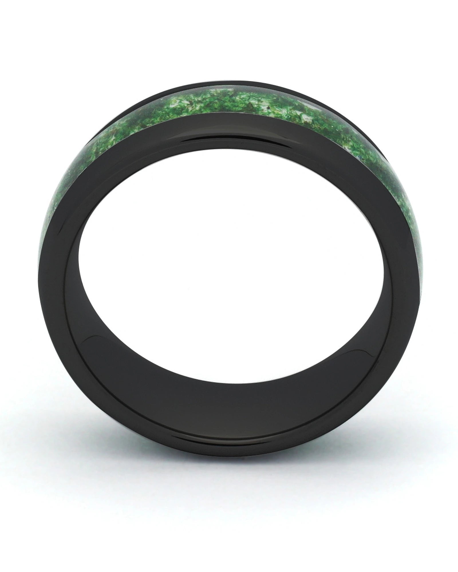 Side view of black 8mm tungsten wedding ring with moss agate inlay