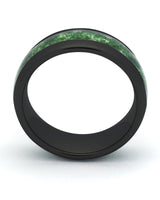 Side view of black 8mm tungsten wedding ring with moss agate inlay