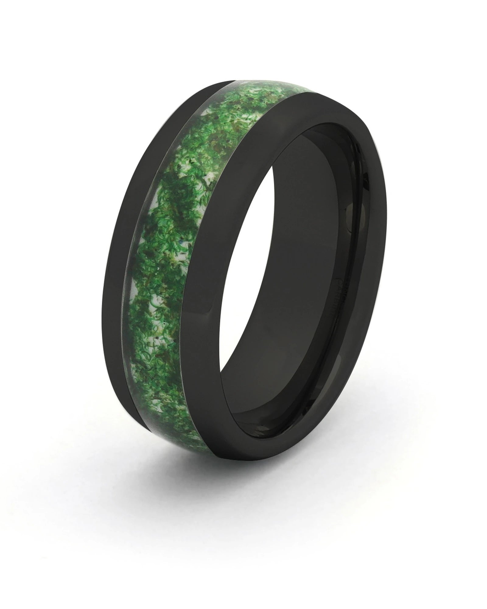 Men's black tungsten wedding ring with moss agate stone inlay, 8mm band