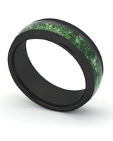Black 8mm tungsten ring with green moss agate inlay shown at an angle