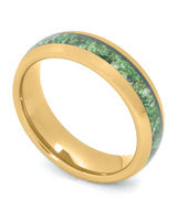 Gold 6mm tungsten ring with green moss agate inlay shown at an angle