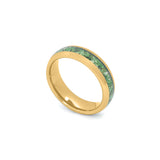 Gold wedding bands for couples with natural moss agate inlay on white background