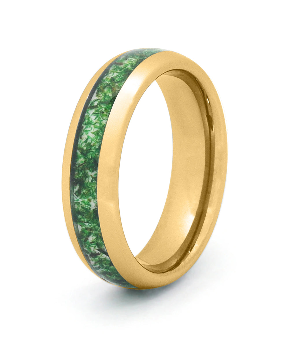 Men's gold tungsten wedding ring with moss agate stone inlay, 6mm band