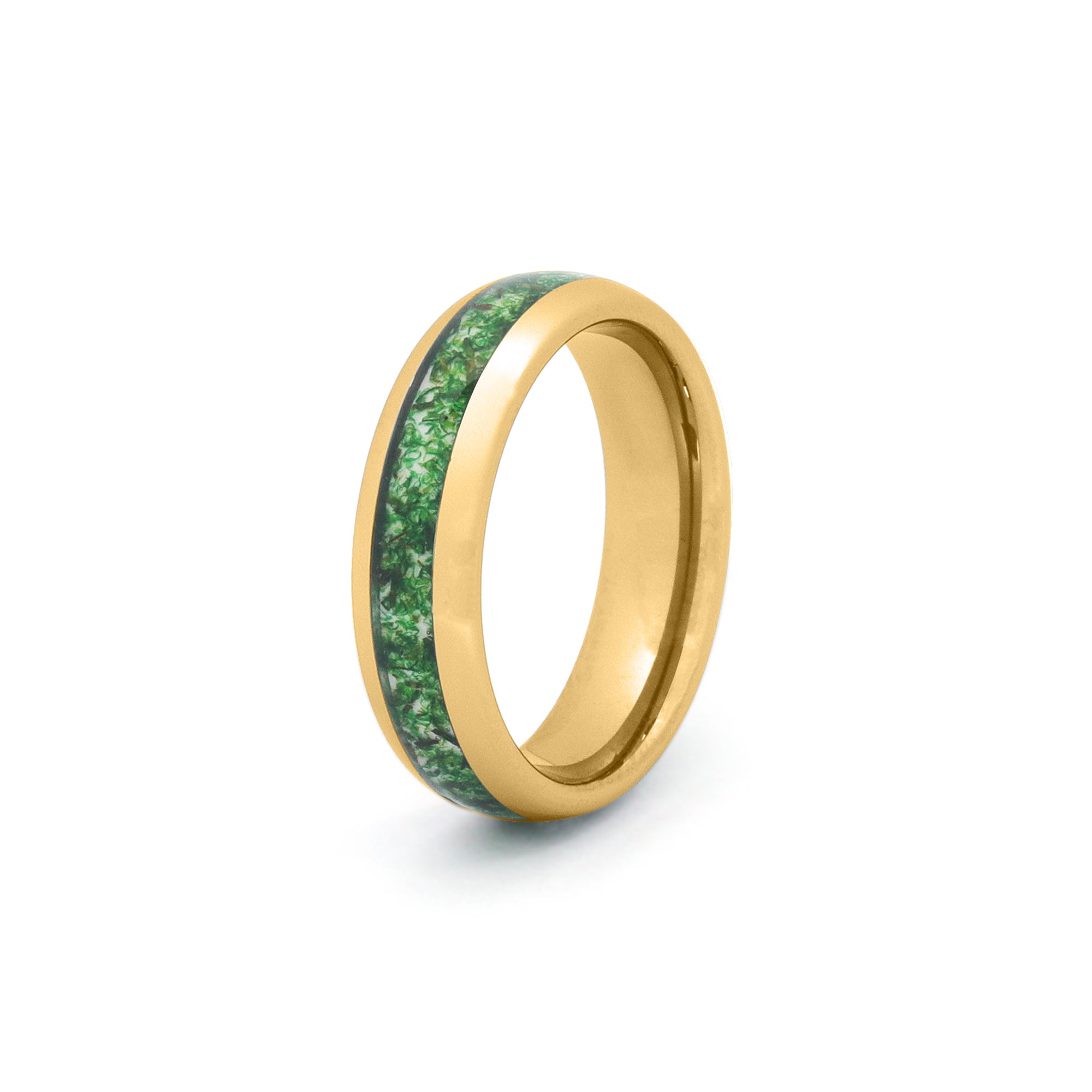 Gold wedding bands for couples with natural moss agate inlay on white background