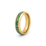 Gold wedding bands for couples with natural moss agate inlay on white background