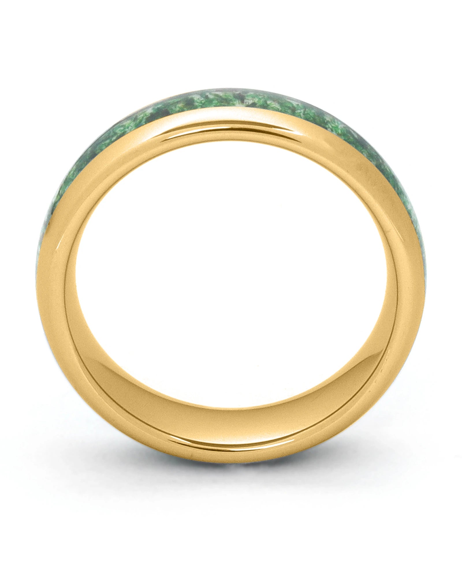 Side view of gold 6mm tungsten wedding ring with moss agate inlay