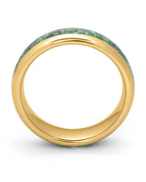 Side view of gold 6mm tungsten wedding ring with moss agate inlay