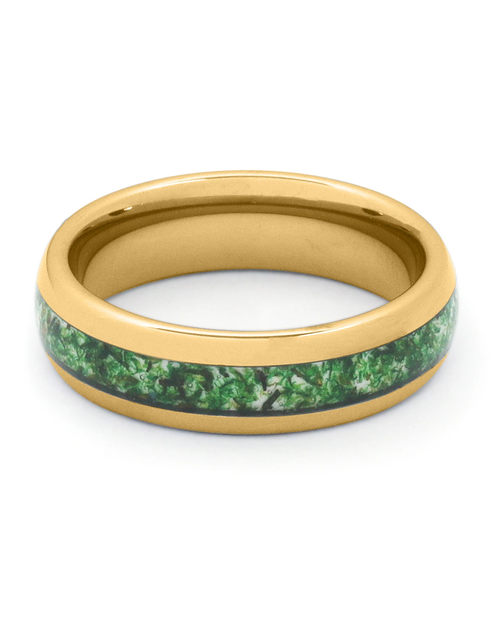 Front view of gold 6mm moss agate tungsten wedding band