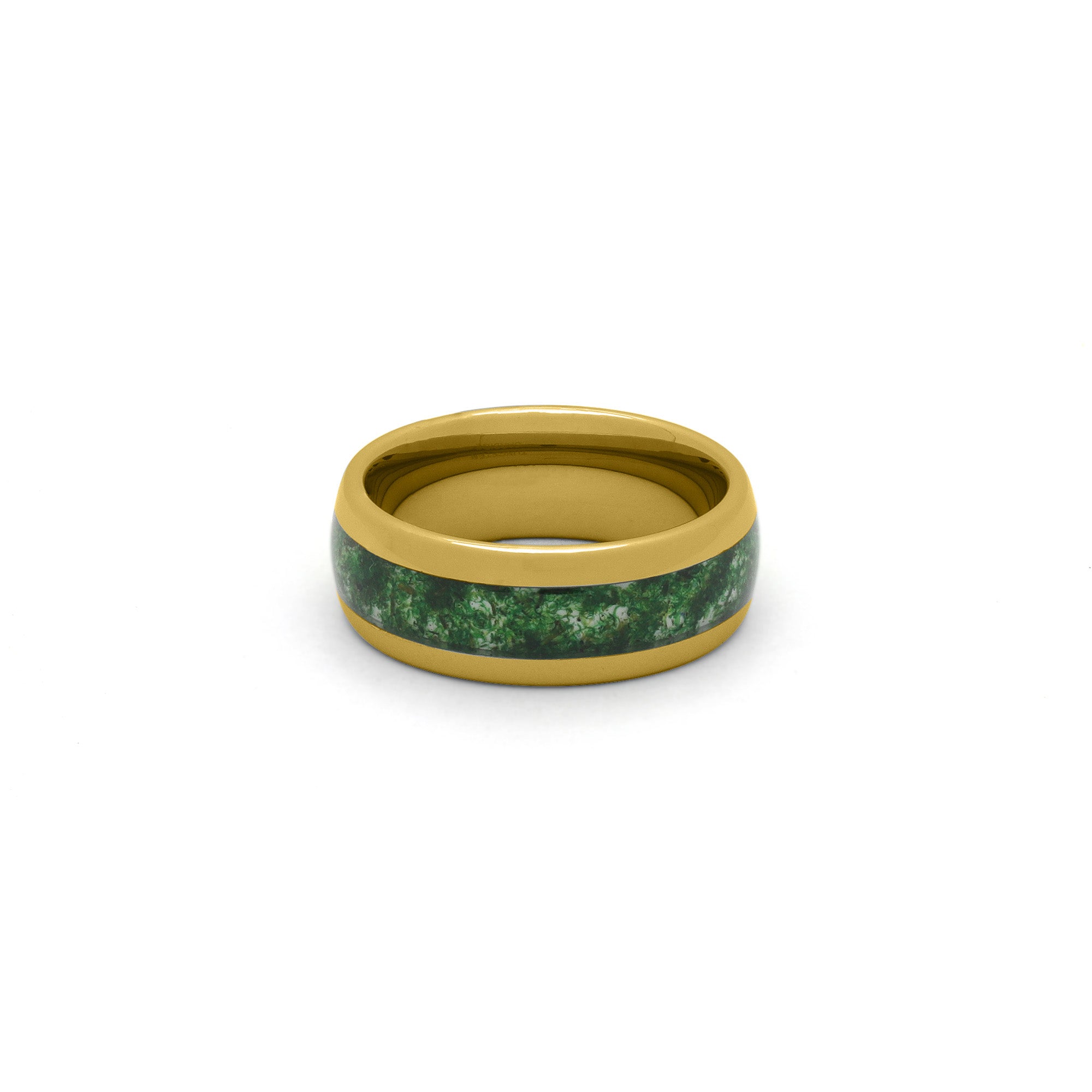 Gold wedding band, 8mm wide, with unique green moss agate inlay, shown on white background.