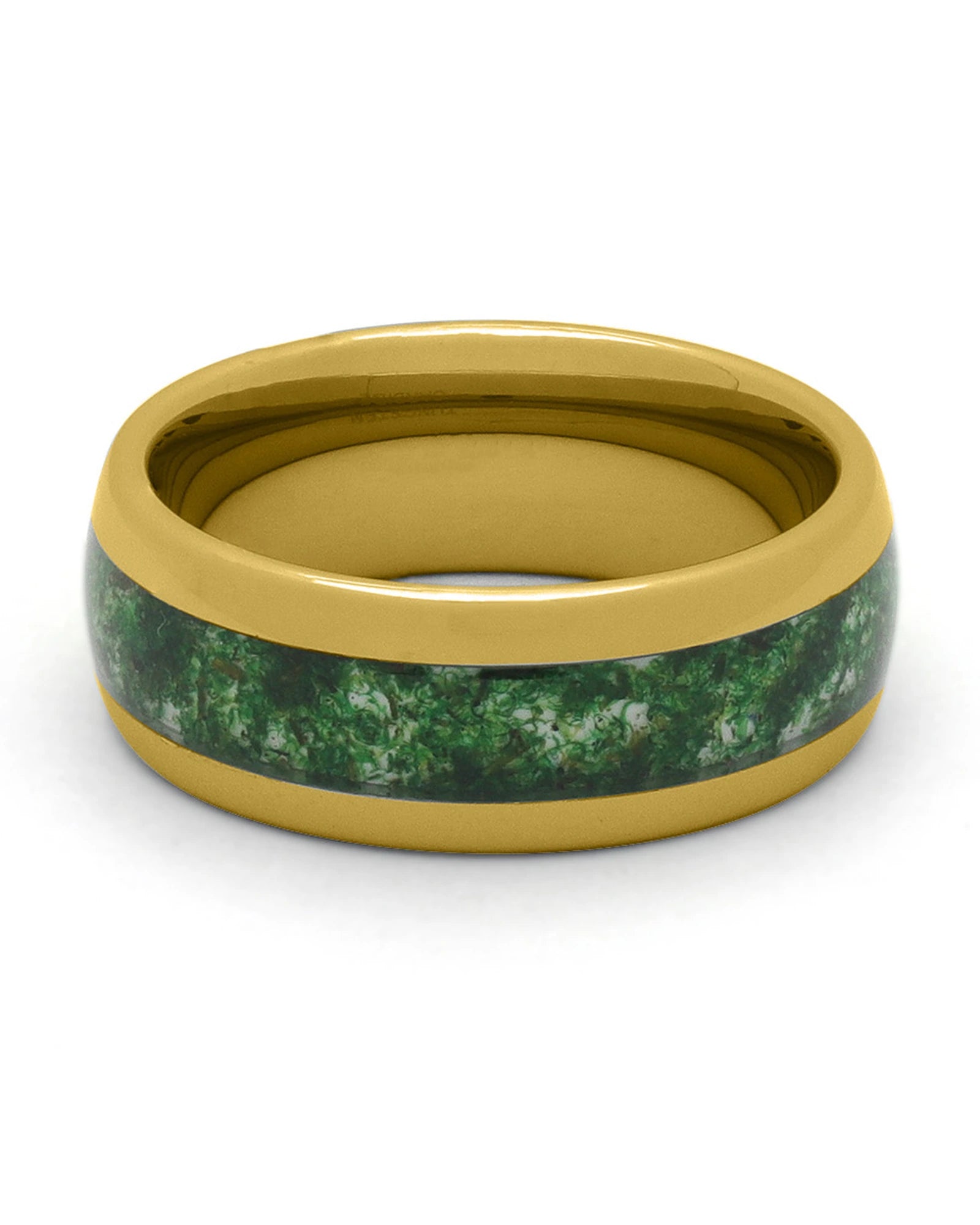 Front view of gold 8mm moss agate tungsten wedding band