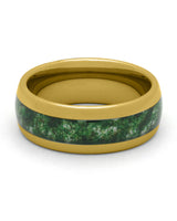 Front view of gold 8mm moss agate tungsten wedding band