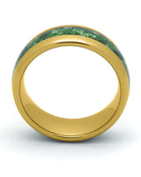Side view of gold 8mm tungsten wedding ring with moss agate inlay
