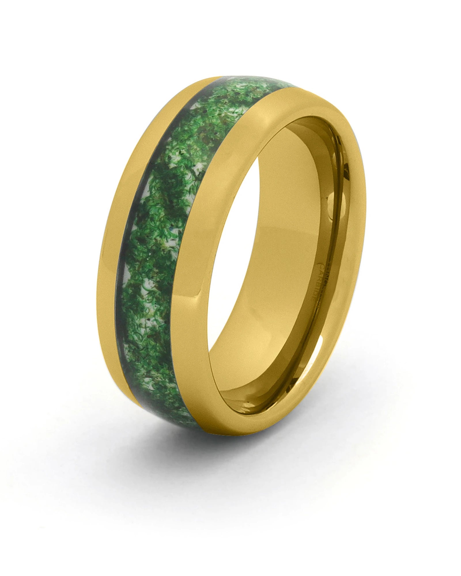 Men's gold tungsten wedding ring with moss agate stone inlay, 8mm band