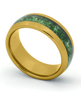 Gold 8mm tungsten ring with green moss agate inlay shown at an angle