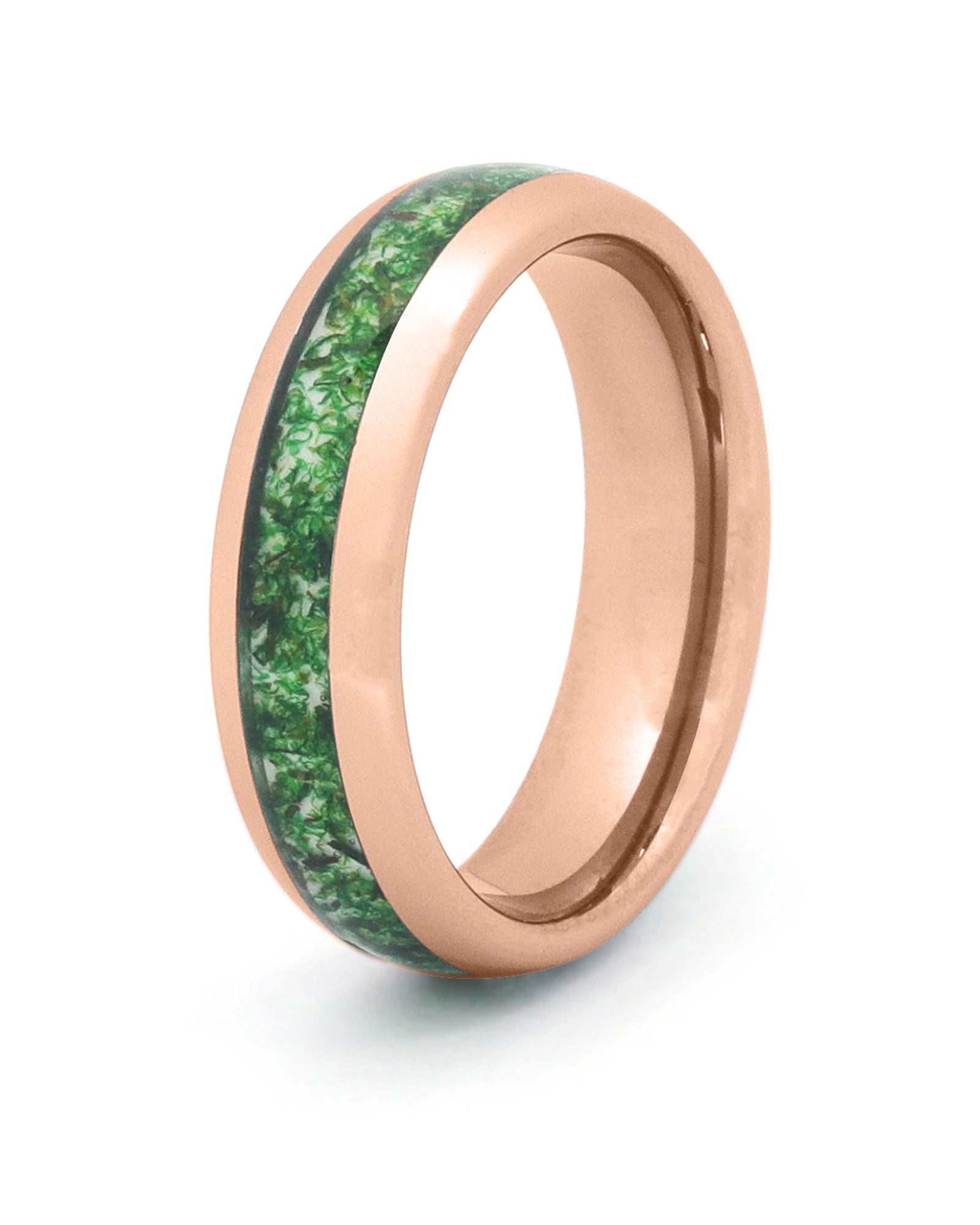 Men's rose gold tungsten wedding ring with moss agate stone inlay, 6mm band