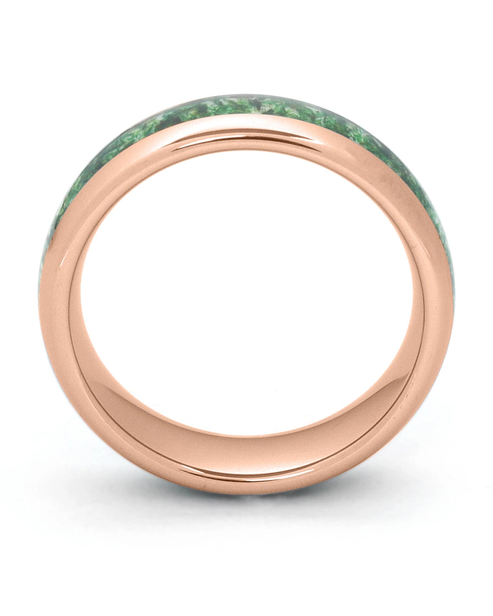 Side view of rose gold 6mm tungsten wedding ring with moss agate inlay