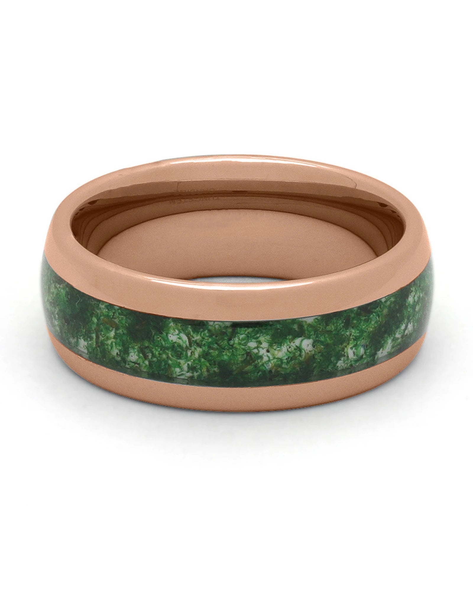 Front view of rose gold 8mm moss agate tungsten wedding band