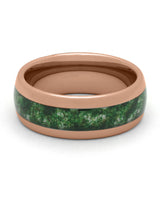 Front view of rose gold 8mm moss agate tungsten wedding band