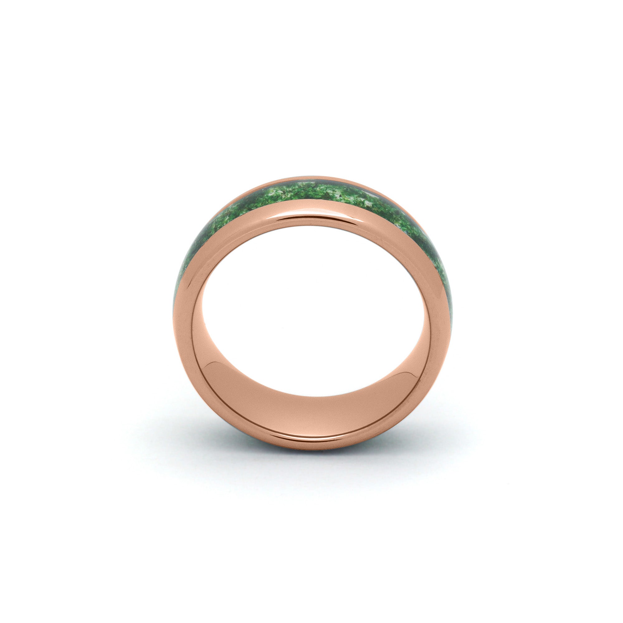 Elegant 8mm rose gold wedding ring with unique green moss agate stone, shown on a white surface.