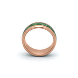 Elegant 8mm rose gold wedding ring with unique green moss agate stone, shown on a white surface.