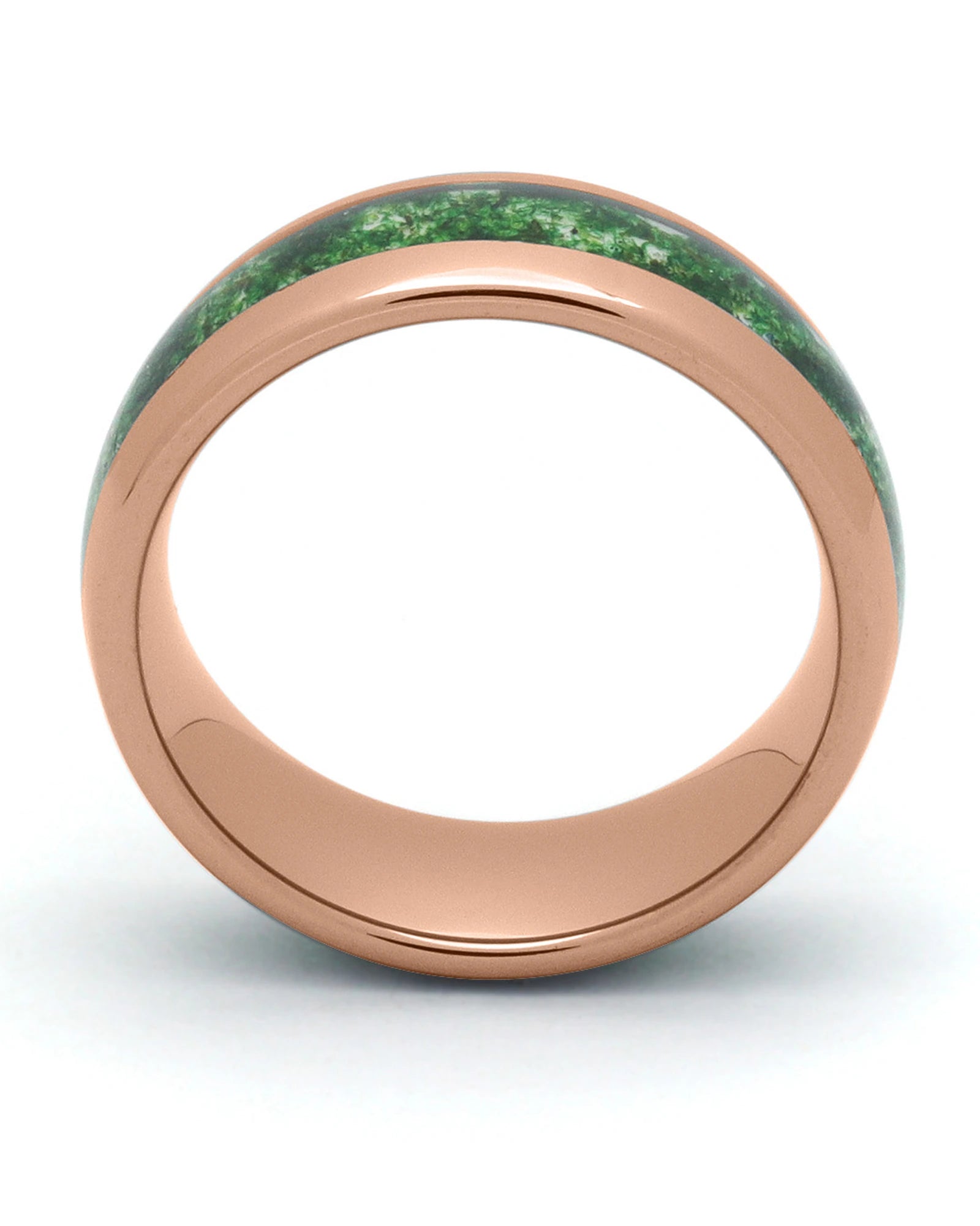 Side view of rose gold 8mm tungsten wedding ring with moss agate inlay
