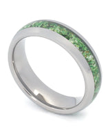 Silver 6mm tungsten ring with green moss agate inlay shown at an angle