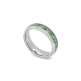 Mens moss agate wedding ring with polished silver tungsten band on white background