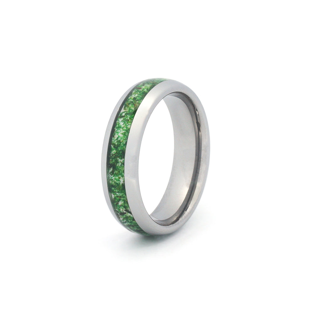 6mm silver tungsten wedding ring with moss agate inlay – unisex design