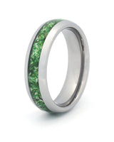 Men's silver tungsten wedding ring with moss agate stone inlay, 6mm band