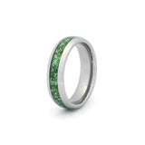 Mens moss agate wedding ring with polished silver tungsten band on white background