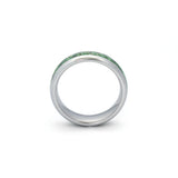 close-up of natural green moss agate wedding ring with polished tungsten band