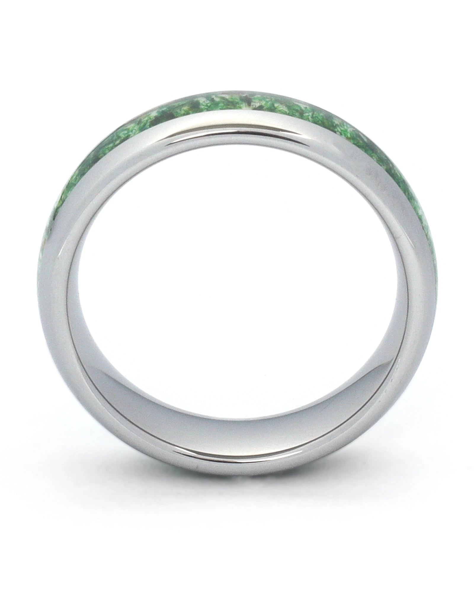 Side view of silver 6mm tungsten wedding ring with moss agate inlay