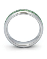Side view of silver 6mm tungsten wedding ring with moss agate inlay