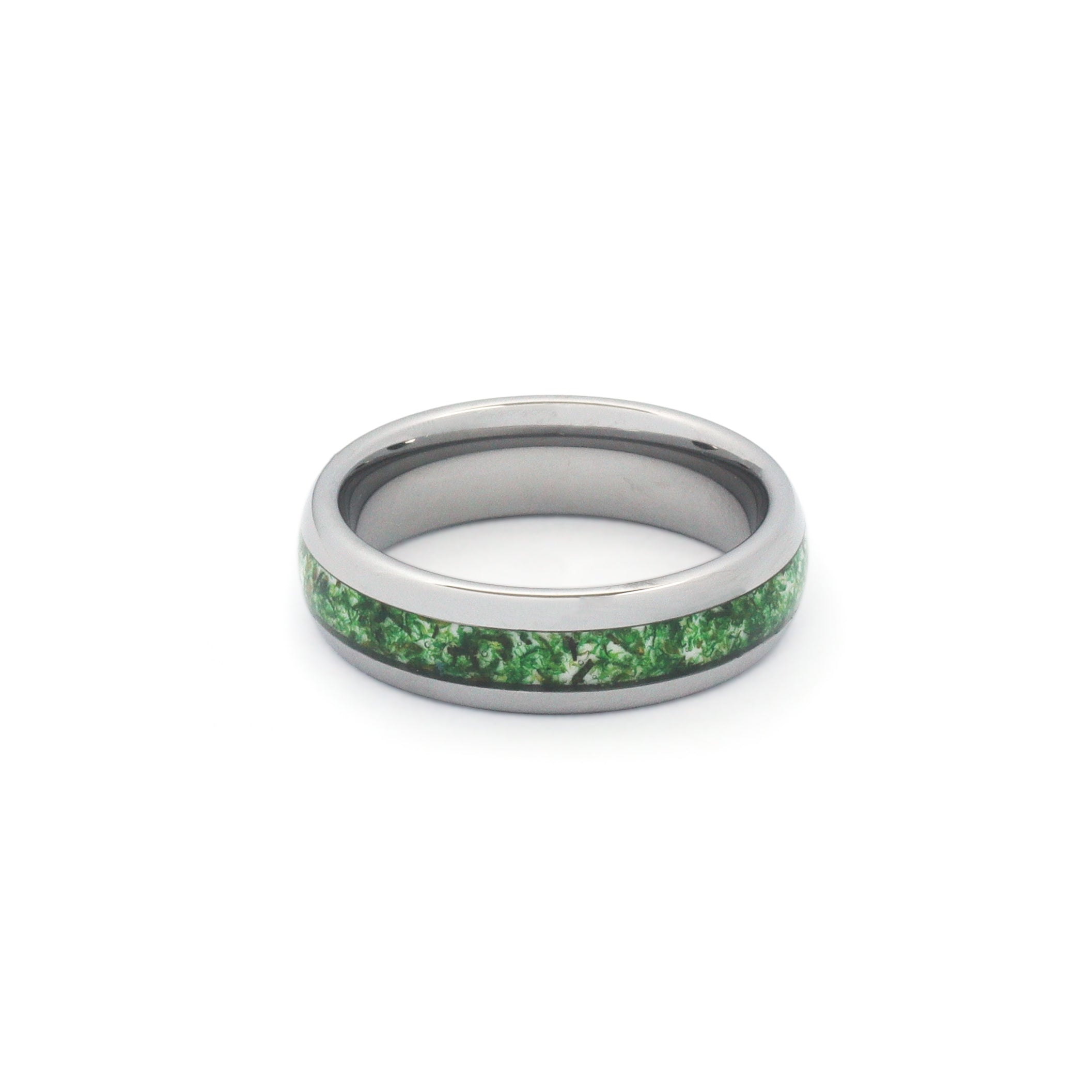 green moss agate inlay detail inside polished silver tungsten ring