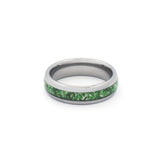 green moss agate inlay detail inside polished silver tungsten ring