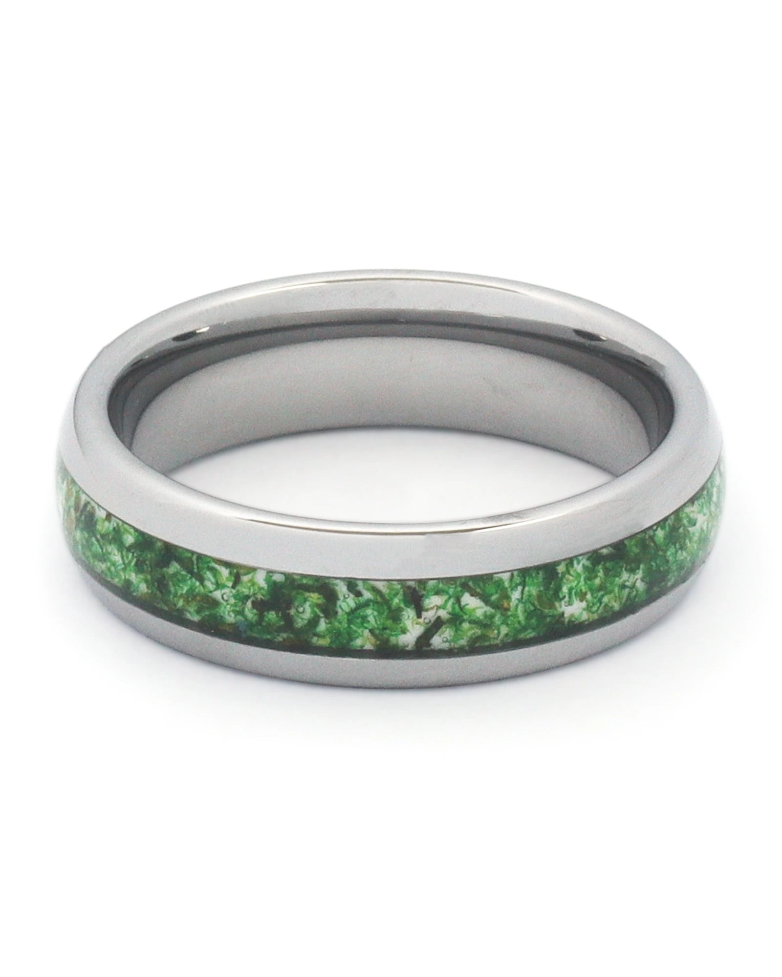 Front view of silver 6mm moss agate tungsten wedding band