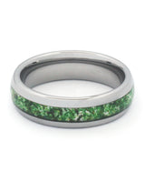 Front view of silver 6mm moss agate tungsten wedding band
