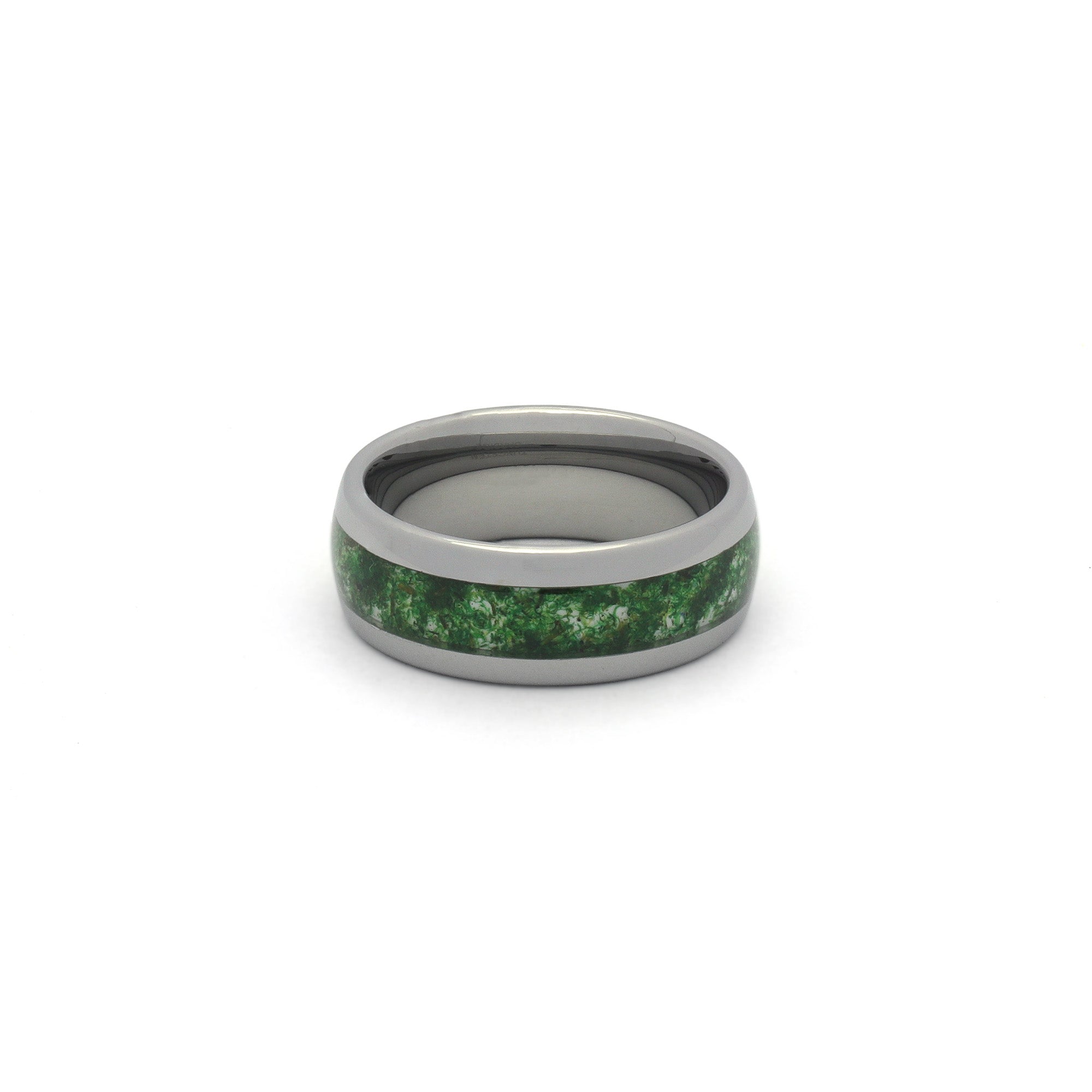Polished tungsten and moss agate engagement ring for men, scratch-resistant design