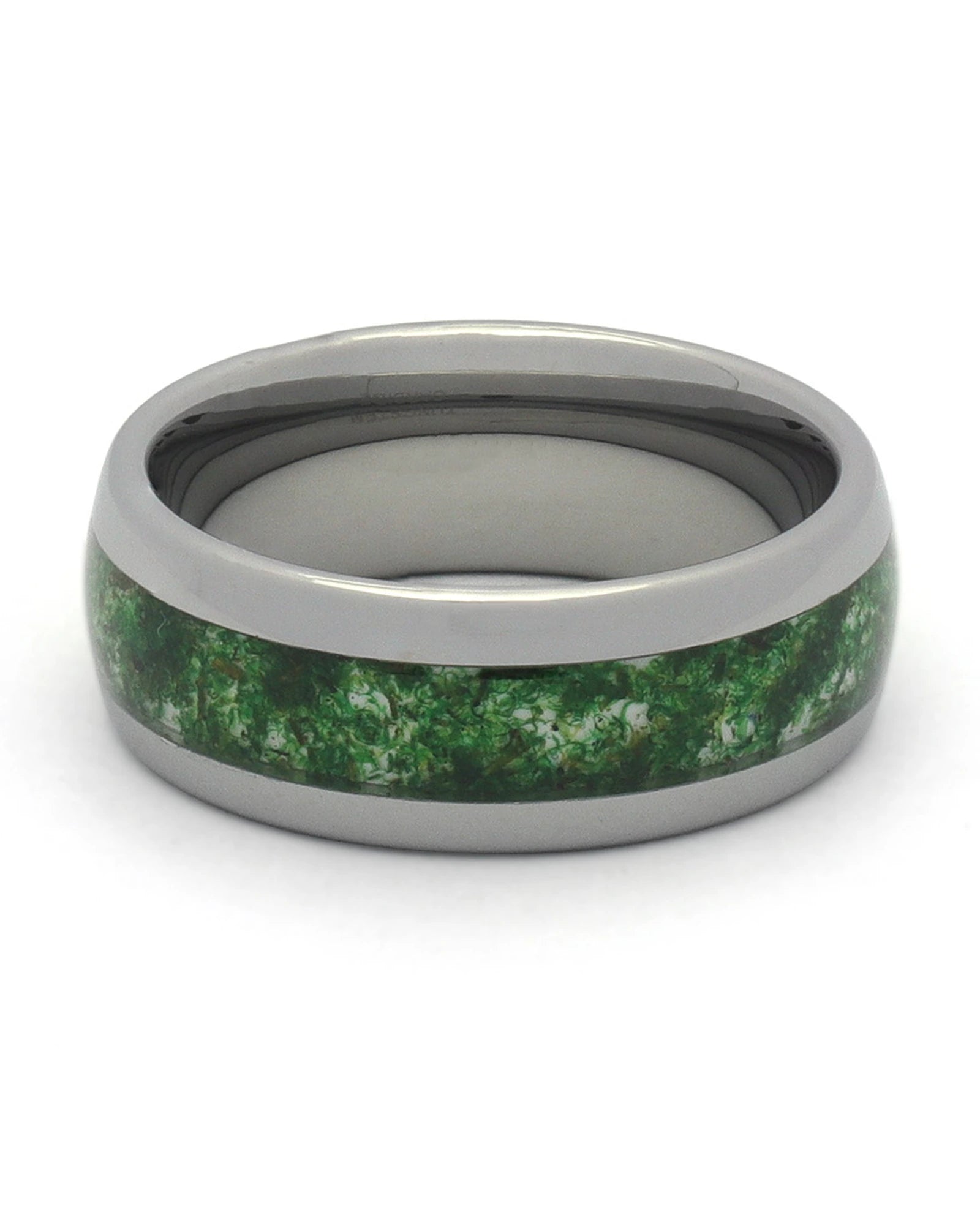 Front view of silver 8mm moss agate tungsten wedding band