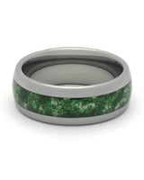 Front view of silver 8mm moss agate tungsten wedding band