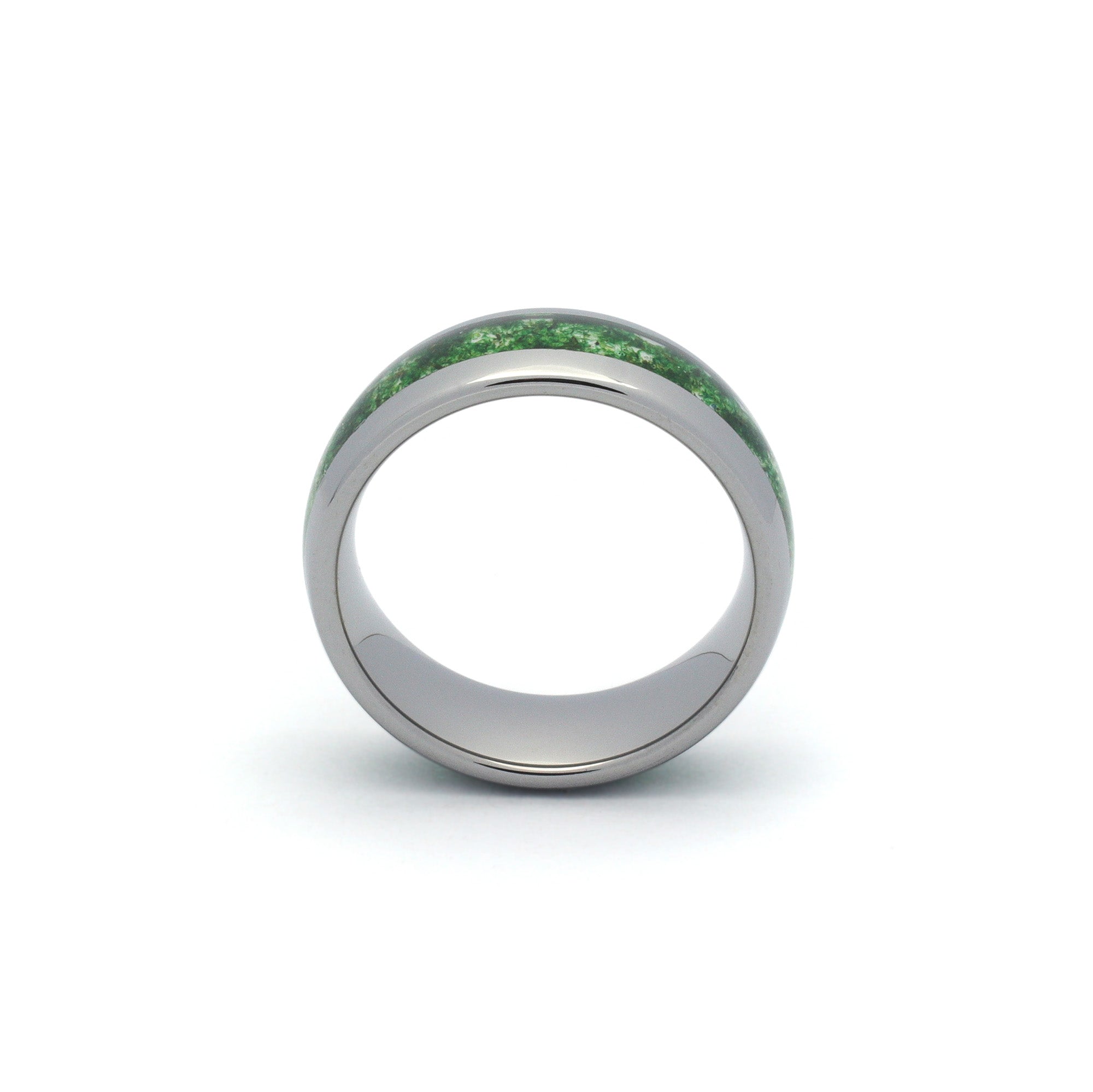 Green moss agate men’s promise ring featuring 8mm polished tungsten design