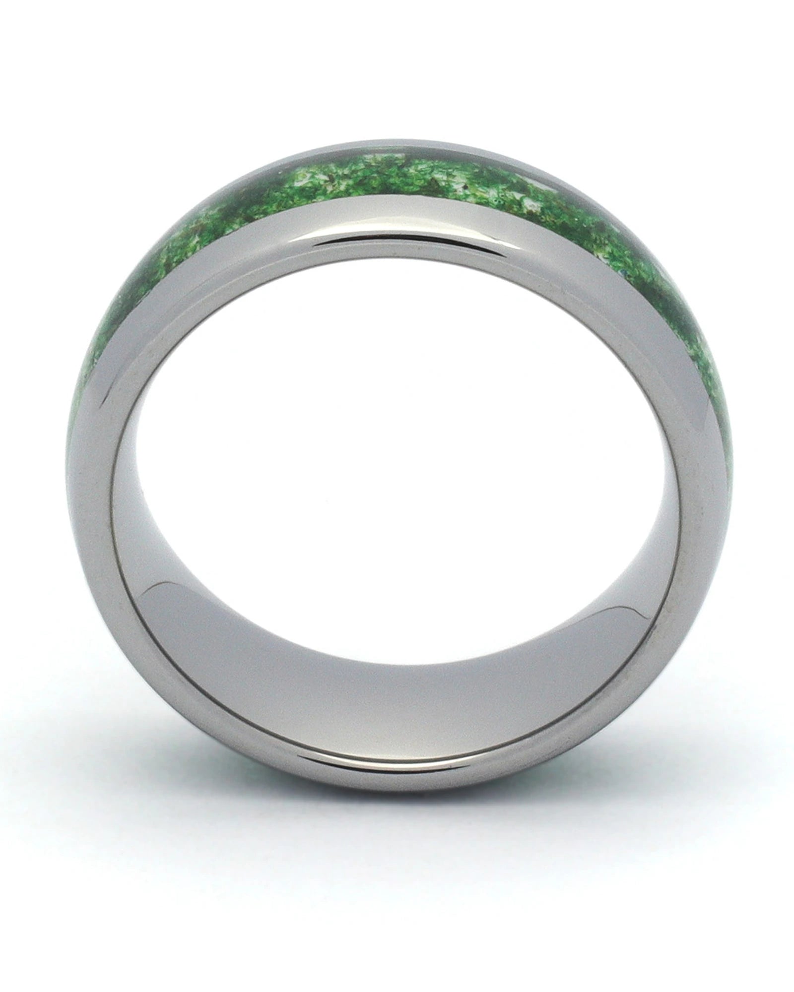 Side view of silver 8mm tungsten wedding ring with moss agate inlay