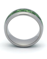 Side view of silver 8mm tungsten wedding ring with moss agate inlay