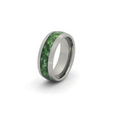 Moss agate wedding ring for men with polished tungsten band on white background