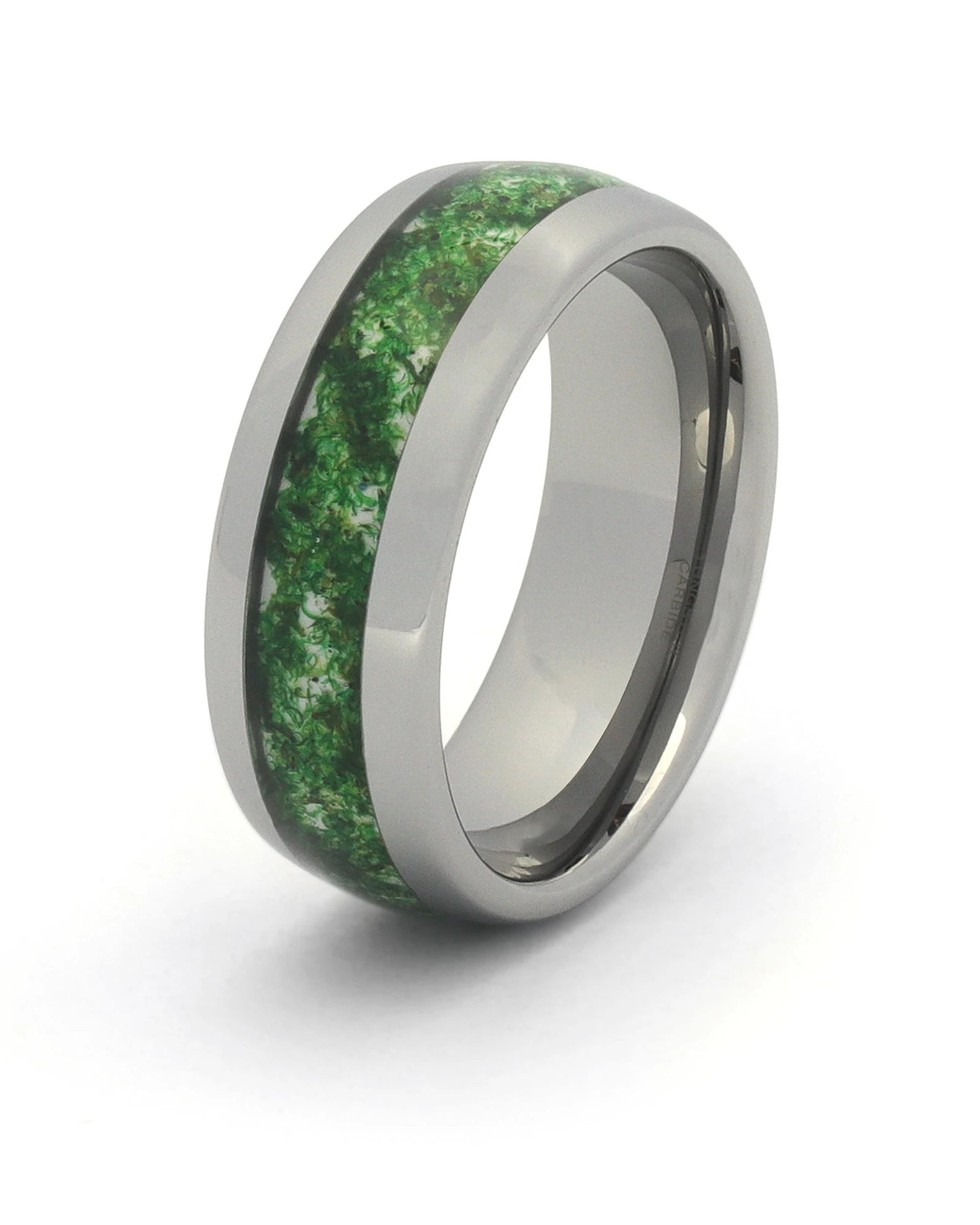 Men's silver tungsten wedding ring with moss agate stone inlay, 8mm band