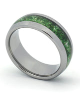 Silver 8mm tungsten ring with green moss agate inlay shown at an angle
