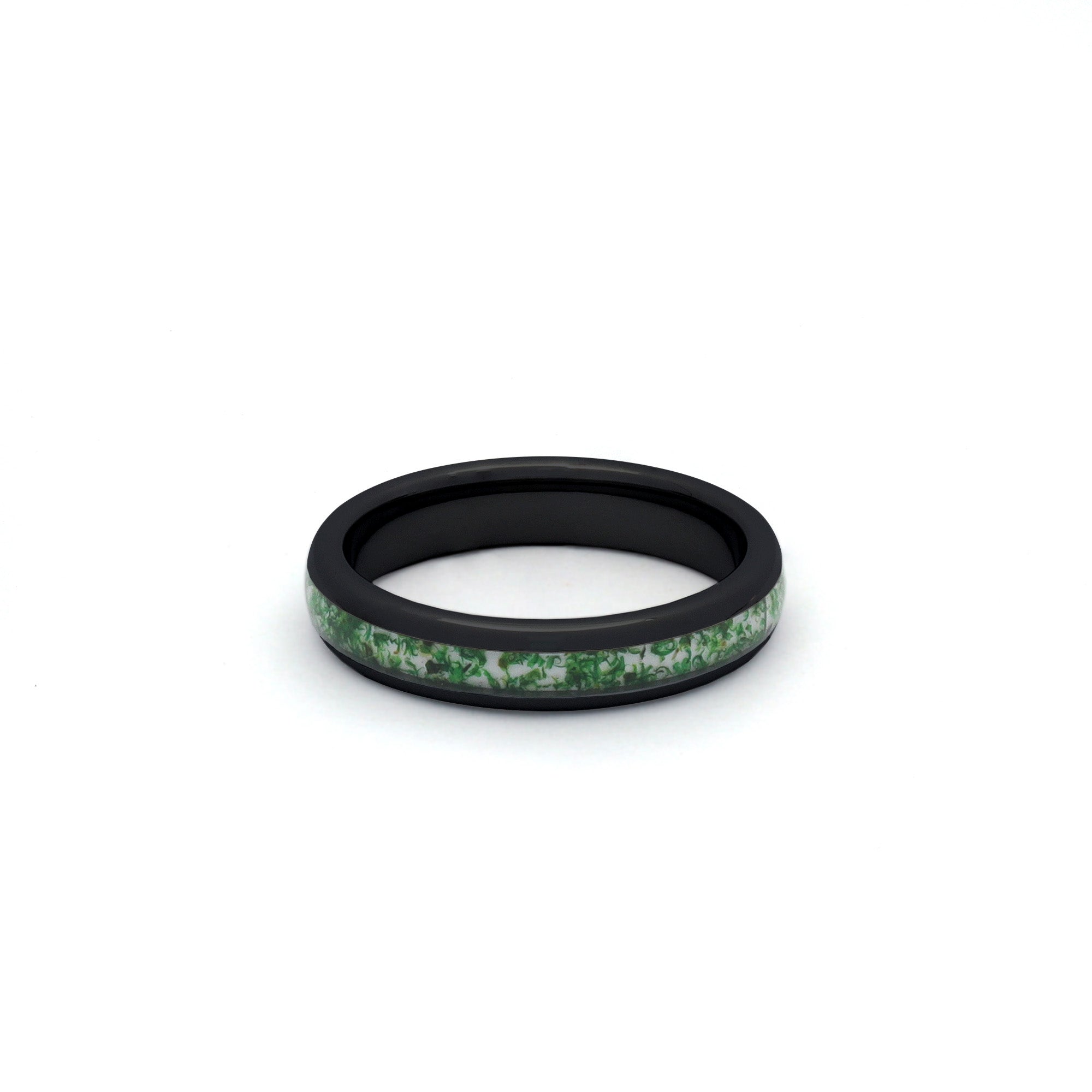 Unique wedding band for her with green moss agate and sleek black finish