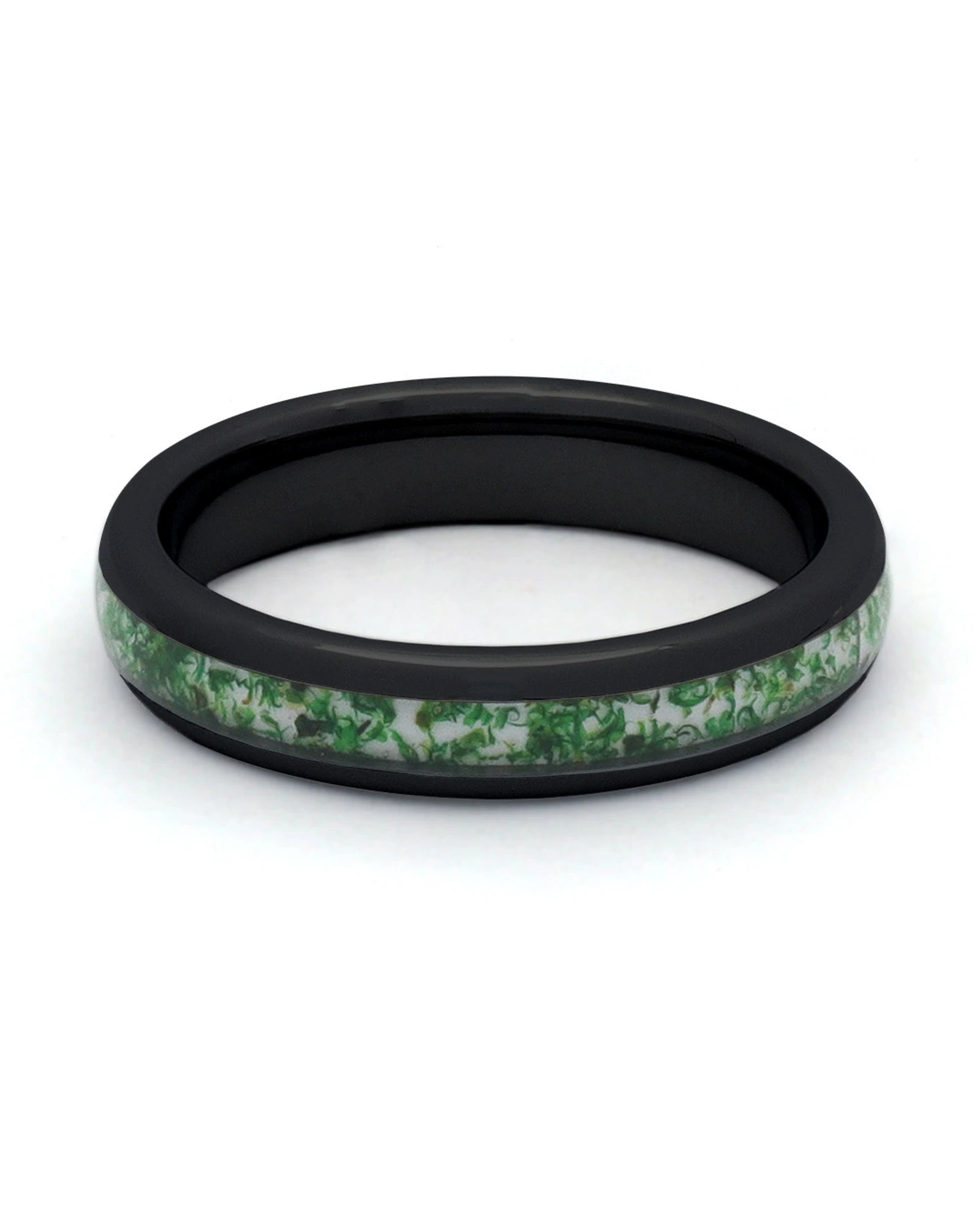 Front view of black 4mm moss agate tungsten wedding band